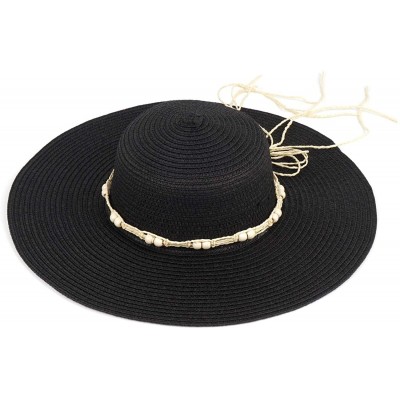 Sun Hats Women Straw Hat Beads Wide Brim Floppy Foldable Travel Hat Roll up Summer Beach Sun Hat UPF 50+ - Black - CK18QGOHUR...