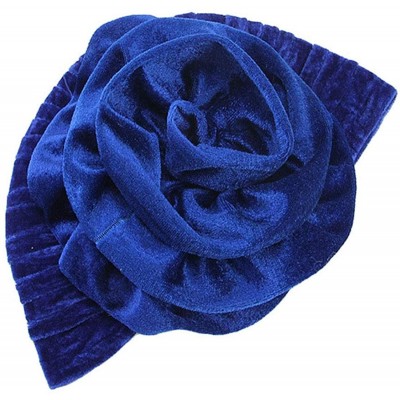 Skullies & Beanies Women Velvet Turban Hat Indian Cap Flower Slouchy Beanie Stretch Chemo Headwrap - Lb Flower Royal Blue - C...