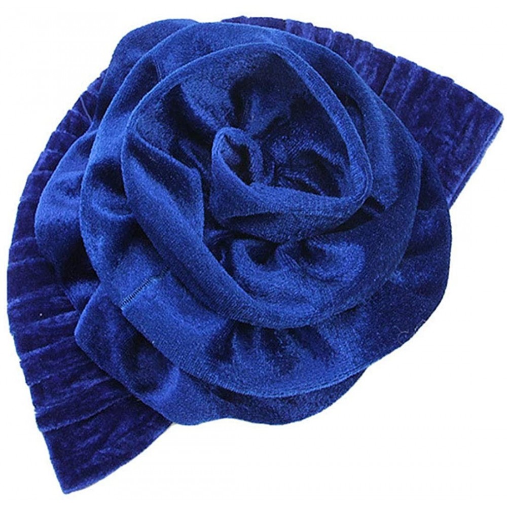 Skullies & Beanies Women Velvet Turban Hat Indian Cap Flower Slouchy Beanie Stretch Chemo Headwrap - Lb Flower Royal Blue - C...