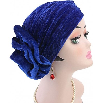 Skullies & Beanies Women Velvet Turban Hat Indian Cap Flower Slouchy Beanie Stretch Chemo Headwrap - Lb Flower Royal Blue - C...