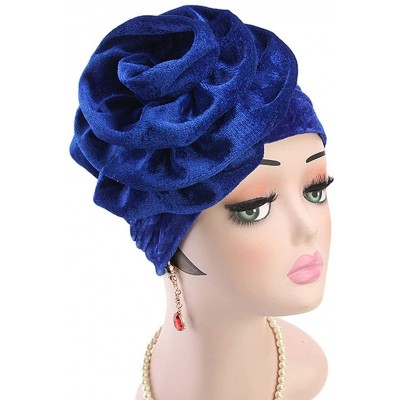 Skullies & Beanies Women Velvet Turban Hat Indian Cap Flower Slouchy Beanie Stretch Chemo Headwrap - Lb Flower Royal Blue - C...