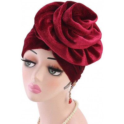 Skullies & Beanies Women Velvet Turban Hat Indian Cap Flower Slouchy Beanie Stretch Chemo Headwrap - Lb Flower Royal Blue - C...