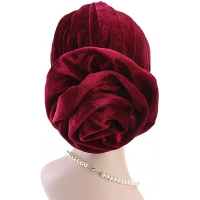 Skullies & Beanies Women Velvet Turban Hat Indian Cap Flower Slouchy Beanie Stretch Chemo Headwrap - Lb Flower Royal Blue - C...