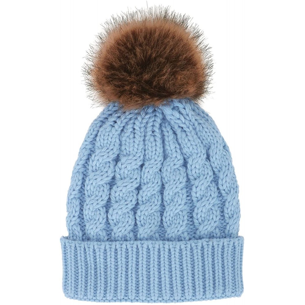 Skullies & Beanies Women's Winter Soft Chunky Cable Knit Pom Pom Beanie Hats Skull Ski Cap - Light Blue - C5188AREX9X $17.85