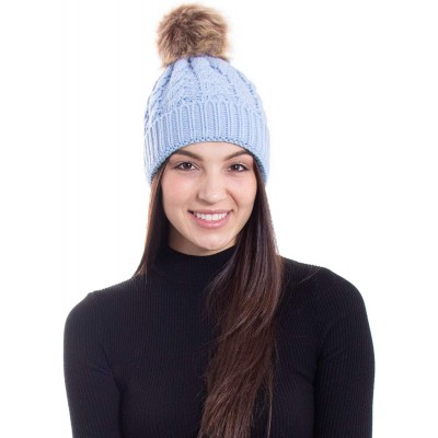Skullies & Beanies Women's Winter Soft Chunky Cable Knit Pom Pom Beanie Hats Skull Ski Cap - Light Blue - C5188AREX9X $17.85