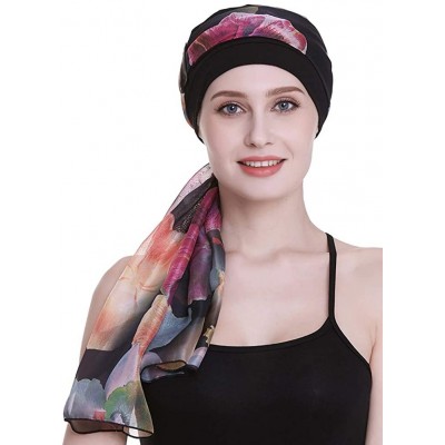 Headbands Elegant Chemo Cap With Silky Scarfs For Cancer Women Hair Loss Sleep Beanie - Black - CC18LXZYL6O $17.30