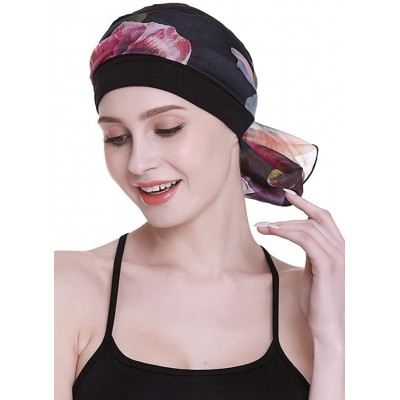 Headbands Elegant Chemo Cap With Silky Scarfs For Cancer Women Hair Loss Sleep Beanie - Black - CC18LXZYL6O $17.30