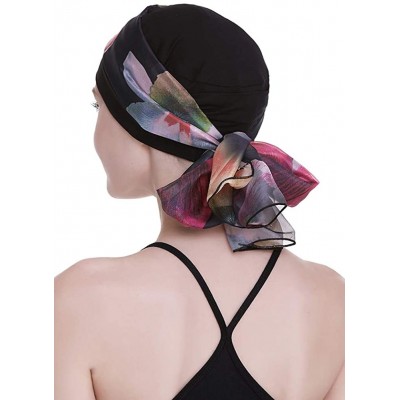 Headbands Elegant Chemo Cap With Silky Scarfs For Cancer Women Hair Loss Sleep Beanie - Black - CC18LXZYL6O $17.30