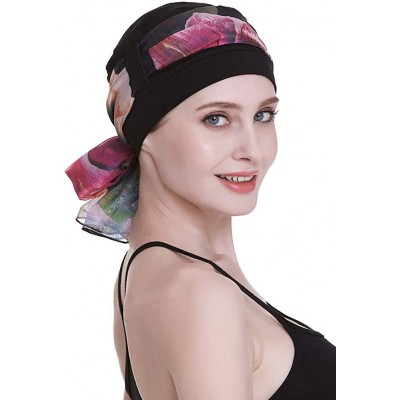 Headbands Elegant Chemo Cap With Silky Scarfs For Cancer Women Hair Loss Sleep Beanie - Black - CC18LXZYL6O $17.30