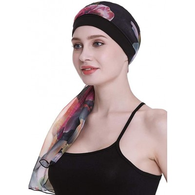 Headbands Elegant Chemo Cap With Silky Scarfs For Cancer Women Hair Loss Sleep Beanie - Black - CC18LXZYL6O $17.30
