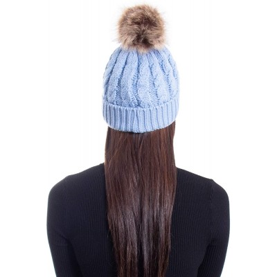 Skullies & Beanies Women's Winter Soft Chunky Cable Knit Pom Pom Beanie Hats Skull Ski Cap - Light Blue - C5188AREX9X $17.85