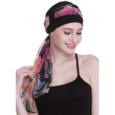 Headbands Elegant Chemo Cap With Silky Scarfs For Cancer Women Hair Loss Sleep Beanie - Black - CC18LXZYL6O $17.30