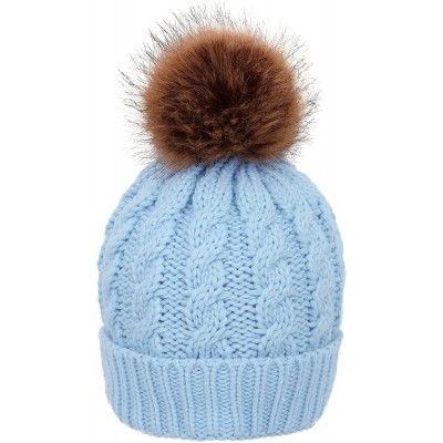 Skullies & Beanies Women's Winter Soft Chunky Cable Knit Pom Pom Beanie Hats Skull Ski Cap - Light Blue - C5188AREX9X $17.85