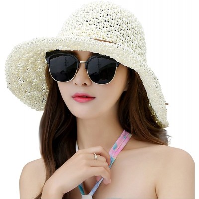 Sun Hats Women Floppy Hat Hollow Straw Hat Wide Brim Beach Hat Sun Hat can be Folded - White - CL17YH2AWER $22.40