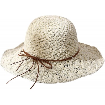 Sun Hats Women Floppy Hat Hollow Straw Hat Wide Brim Beach Hat Sun Hat can be Folded - White - CL17YH2AWER $22.40