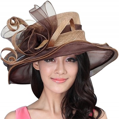 Sun Hats Women Hat Sinamay Hat Organza Brim Wide Brim Feathers Brown - C311U8JR7VF $40.20