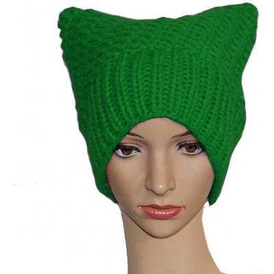 Skullies & Beanies 100% Handmade Knitted Pussy Cat Hat for Women's March Winter Warm Beanie Cap - Green - C318L6MWO3Z $21.66