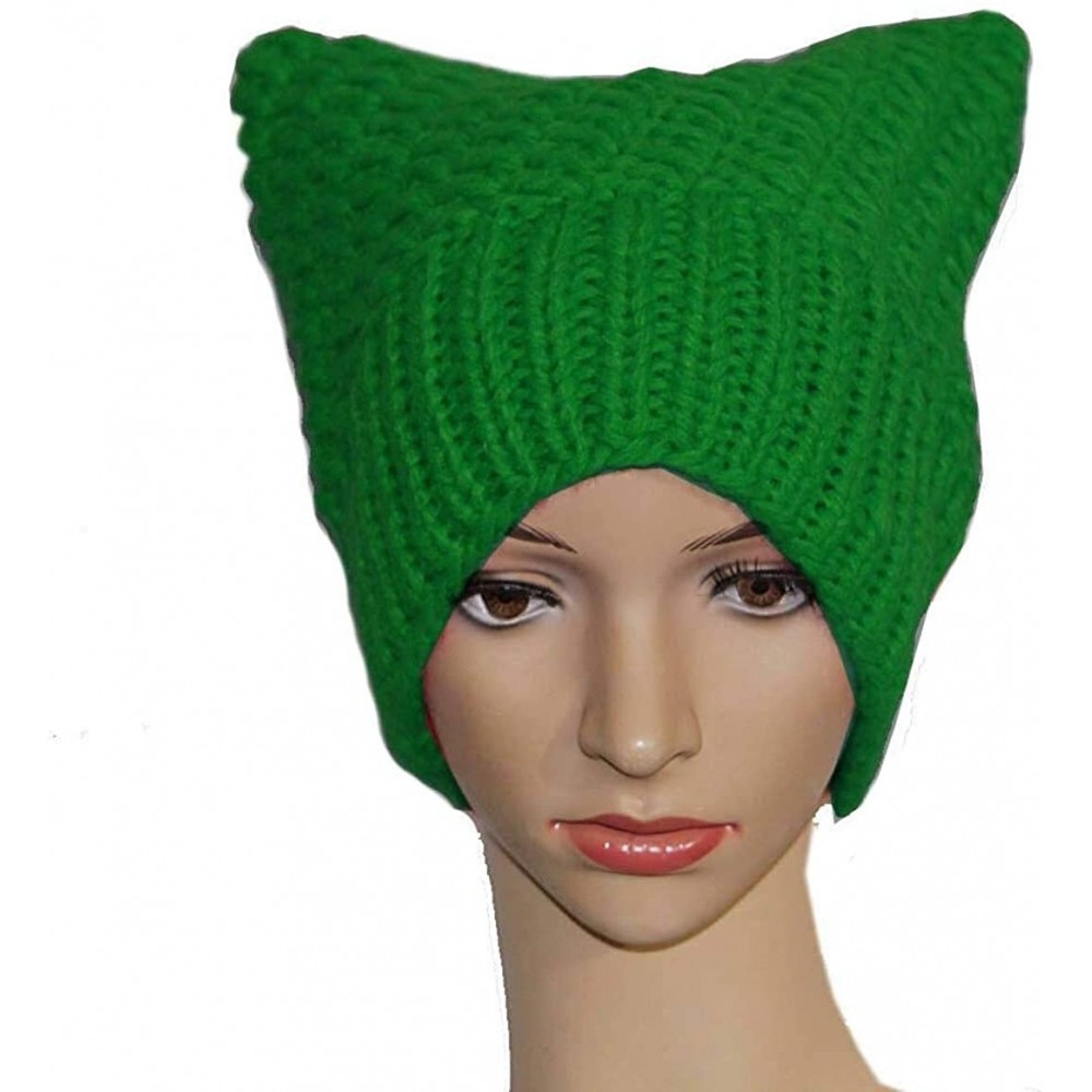 Skullies & Beanies 100% Handmade Knitted Pussy Cat Hat for Women's March Winter Warm Beanie Cap - Green - C318L6MWO3Z $10.69