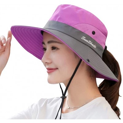 Sun Hats Summer Sun Hat- Women Girls Foldable Wide Brim Hat UV Protection Bucket Cap Ponytail for Beach Safari Fishing - CV18...