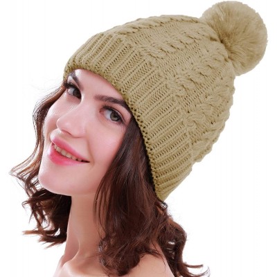 Skullies & Beanies Women's Winter Beanie Warm Fleece Lining - Thick Slouchy Cable Knit Skull Hat Ski Cap - Beige - CB188WEIK8...