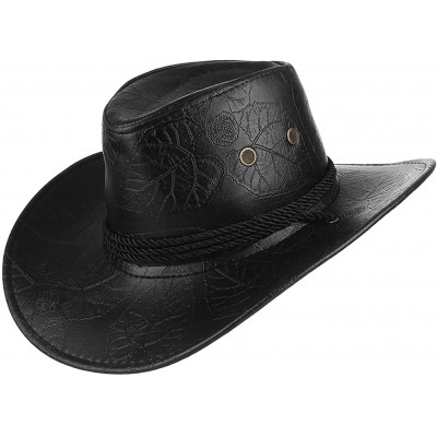 Cowboy Hats Men Women's Western PU Leather Cowboy Hat Wide Brim Outback Hat UV Protection - Black - CY18QSDI4LG $8.70
