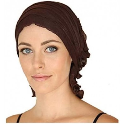 Skullies & Beanies Stay Beautiful Women Chiffon Ruffle Cancer Chemo Hat - Head Stretch Hair Loss Beanie Turban Cap - Brown - ...