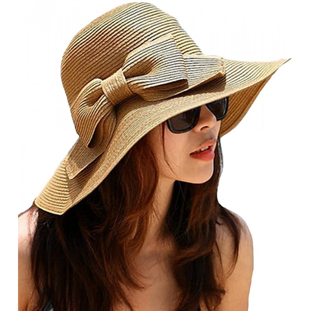 Sun Hats Women's Foldable Bowknot Floppy Straw Sun Hat Wide Brim Beach Sun Visor Hat Cap - Coffee - CY12G9HR3Q3 $14.22