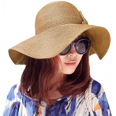 Sun Hats Women's Foldable Bowknot Floppy Straw Sun Hat Wide Brim Beach Sun Visor Hat Cap - Coffee - CY12G9HR3Q3 $14.22