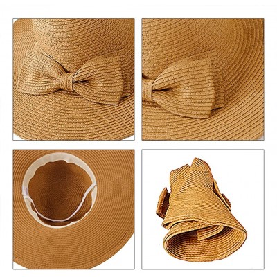 Sun Hats Women's Foldable Bowknot Floppy Straw Sun Hat Wide Brim Beach Sun Visor Hat Cap - Coffee - CY12G9HR3Q3 $14.22