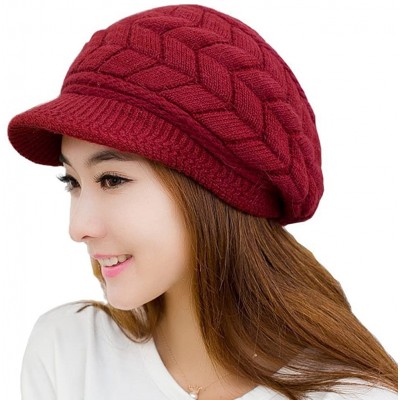 Skullies & Beanies Womens Winter Beanie Hat Warm Knitted Slouchy Wool Hats Cap with Visor - A-wine Red - CM12NUWB1L4 $14.02