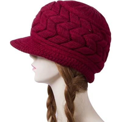 Skullies & Beanies Womens Winter Beanie Hat Warm Knitted Slouchy Wool Hats Cap with Visor - A-wine Red - CM12NUWB1L4 $14.02