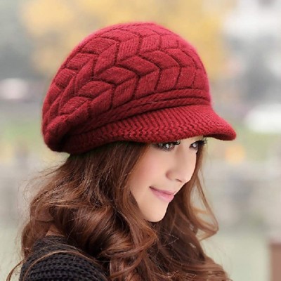 Skullies & Beanies Womens Winter Beanie Hat Warm Knitted Slouchy Wool Hats Cap with Visor - A-wine Red - CM12NUWB1L4 $14.02