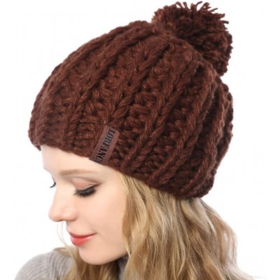 Skullies & Beanies Winter Knit Hat for Women Warm Chunky Pom Pom Beanie Ski Snow Outdoor Cap for Women Teen Girls - Dark Brow...