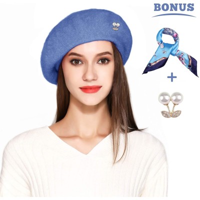 Berets Wool Beret Hat Solid Color French Artist Beret Skily Scarf Brooch - Sky Blue - C418KLM04KH $9.78