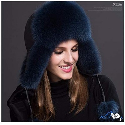 Bomber Hats Mens Winter Hat Real Fox Fur Genuine Leather Russian Ushanka Hats - Blue Ash-1 - C518Z57KXW6 $25.37