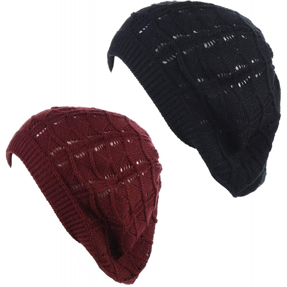Berets Chic Soft Knit Airy Cutout Lightweight Slouchy Crochet Beret Beanie Hat - 2-pack Burgundy & Black - CV18LEK0Y3L $13.09