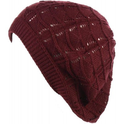 Berets Chic Soft Knit Airy Cutout Lightweight Slouchy Crochet Beret Beanie Hat - 2-pack Burgundy & Black - CV18LEK0Y3L $13.09