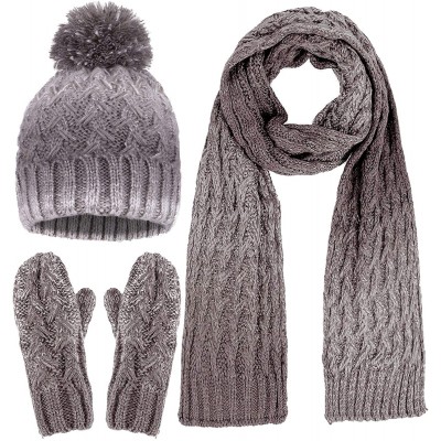 Skullies & Beanies Adult Women's 3 Piece Winter Set - Pompom Beanie Hat- Scarf- Mittens - Grey/White Gloves No Lined - CW18HA...