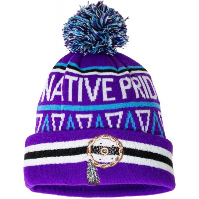 Skullies & Beanies Native Pride Dream Catcher Winter Knit Pom Pom Beanie Hat with Cuff - Purple - CE18L48EQMZ $10.22