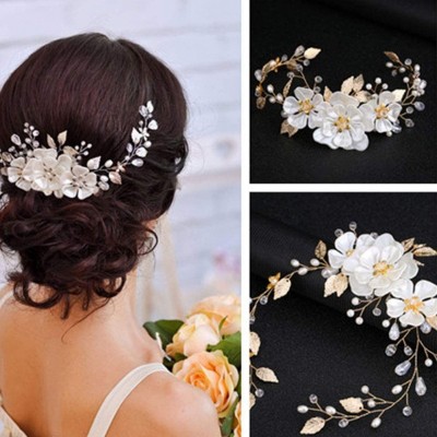 Headbands Wedding Bridal Tiara Hair Vine Vintage Flower Leaf Faux Pearl Hair Vine Women Party Headband - Golden - CQ18N9AD4OS...