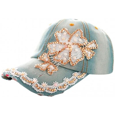 Baseball Caps Women Lace Denim Rhinestone Baseball Cap Floral Snapback Flat Hat - Blue - C3182HNZXZ7 $10.92