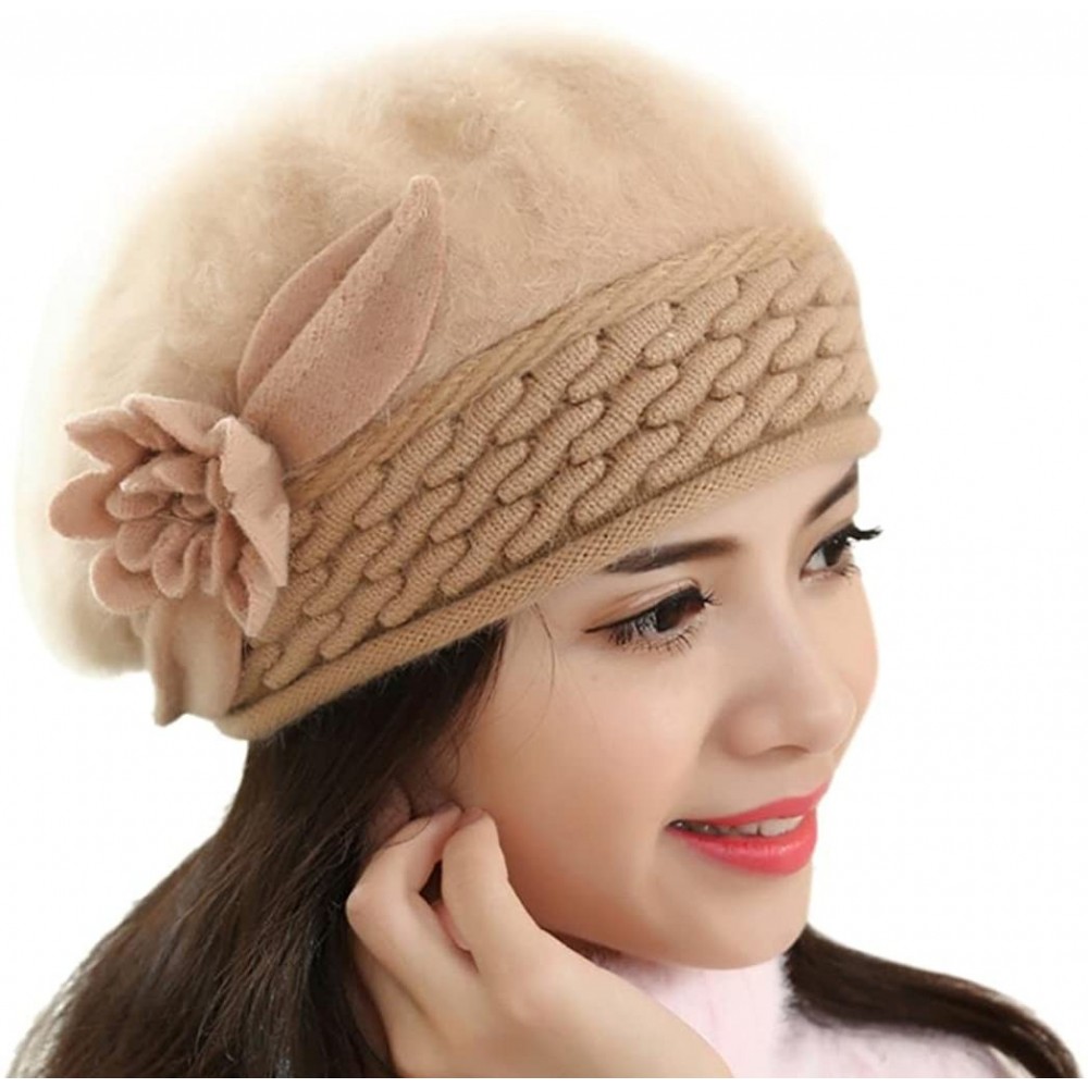 Berets Winter Beret Cap Womens Flower Knit Crochet Beanie Hat Winter Warm Cap - Khaki 1 - CS185LCS87X $22.47