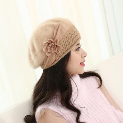 Berets Winter Beret Cap Womens Flower Knit Crochet Beanie Hat Winter Warm Cap - Khaki 1 - CS185LCS87X $10.05