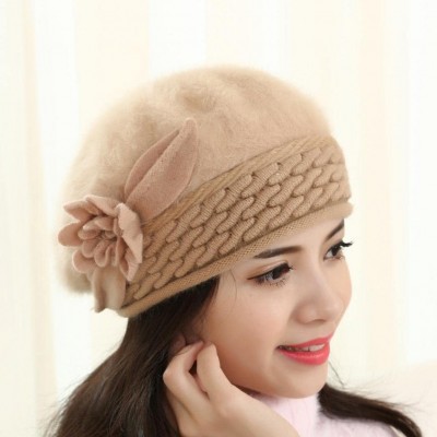 Berets Winter Beret Cap Womens Flower Knit Crochet Beanie Hat Winter Warm Cap - Khaki 1 - CS185LCS87X $10.05