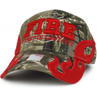 Baseball Caps Fire Department - First in Last Out Fireman Officer Gear Uniform Baseball Cap Hat Adjustable - Camo & Flame - C...