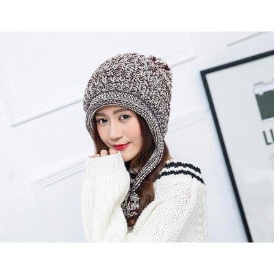 Skullies & Beanies Women Winter Soft Knitted Beanie Hat Ski Ear Flaps Caps for Girls Warm Hats - Beige - C018953T46X $16.67