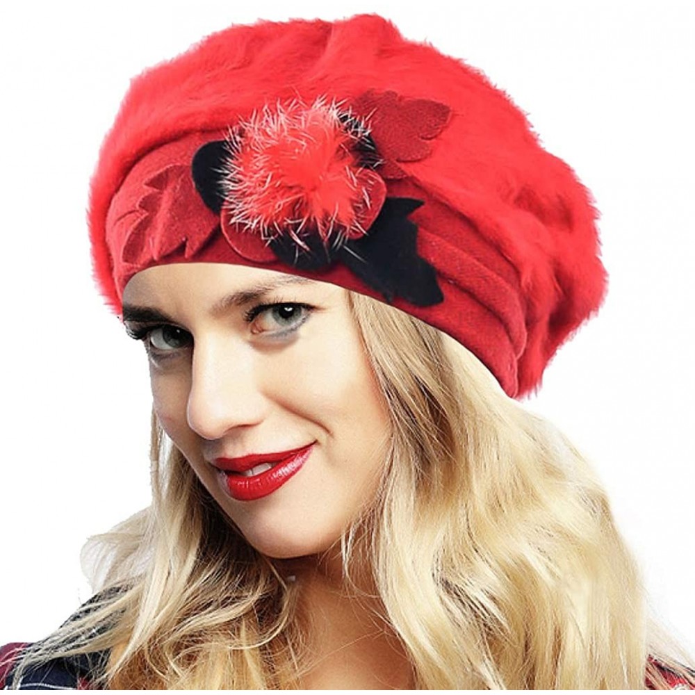 Berets Womens Beret 100% Wool French Beret Beanie Winter Hats Hy022 - Br022-red - CZ18HO25KNT $9.48