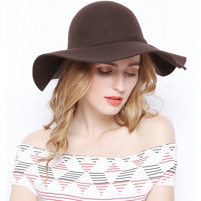 Fedoras Women 100% Wool Wide Brim Cloche Fedora Floppy hat Cap - Coffee - C712O0R83GN $22.62