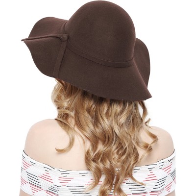 Fedoras Women 100% Wool Wide Brim Cloche Fedora Floppy hat Cap - Coffee - C712O0R83GN $22.62