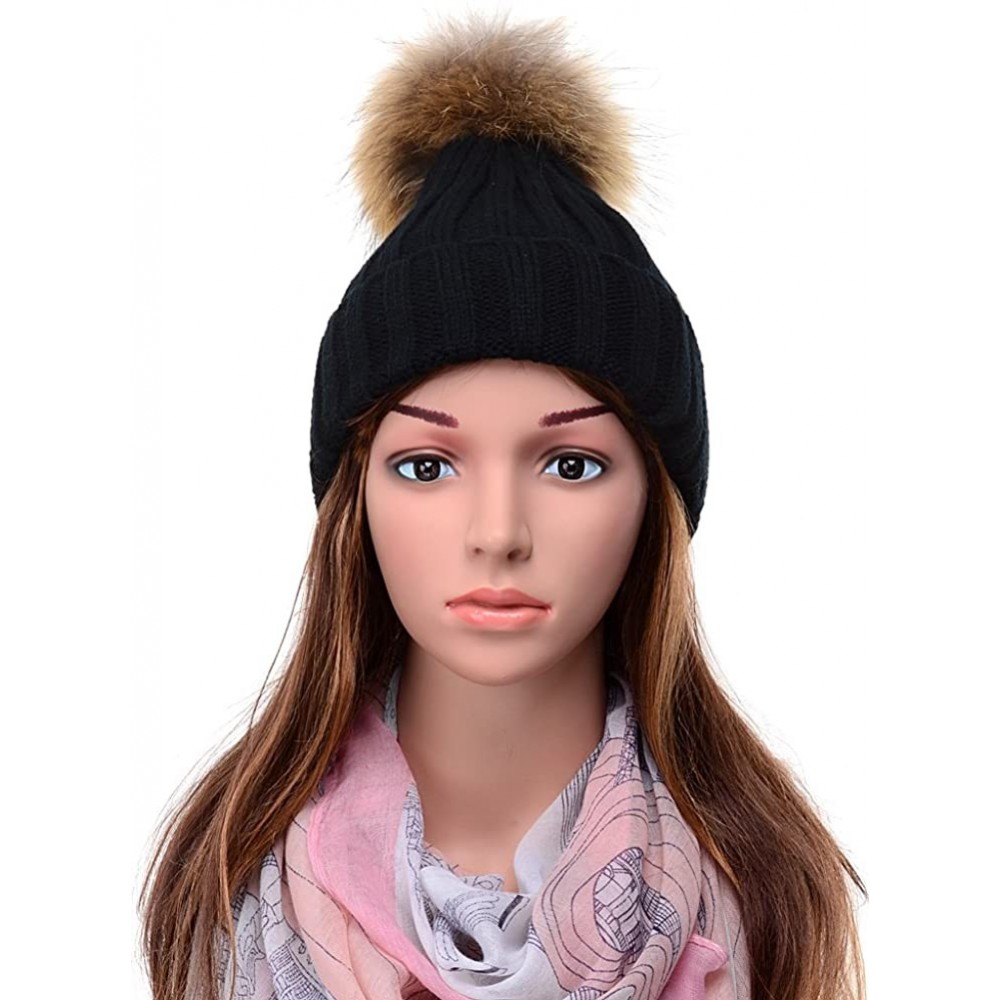 Skullies & Beanies Womens Girls Knitted Fur Hat Real Large Silver Fox Fur Pom Pom Beanie Hats - Black(real Raccoon Fur) - C41...